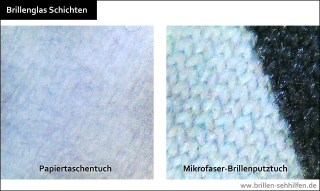 Oberflächen eines Papiertaschentuch und Mikrofaser-Brillenputztuchs